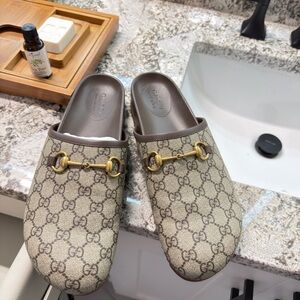 Gucci Beige Monogram Slippers with Gold Details